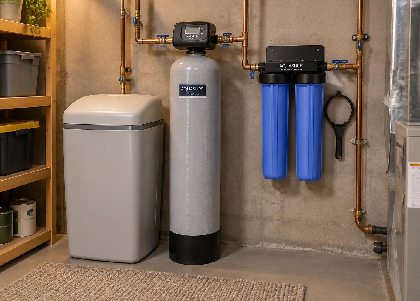 Organized whole-home water treatment equipment in a clean basement